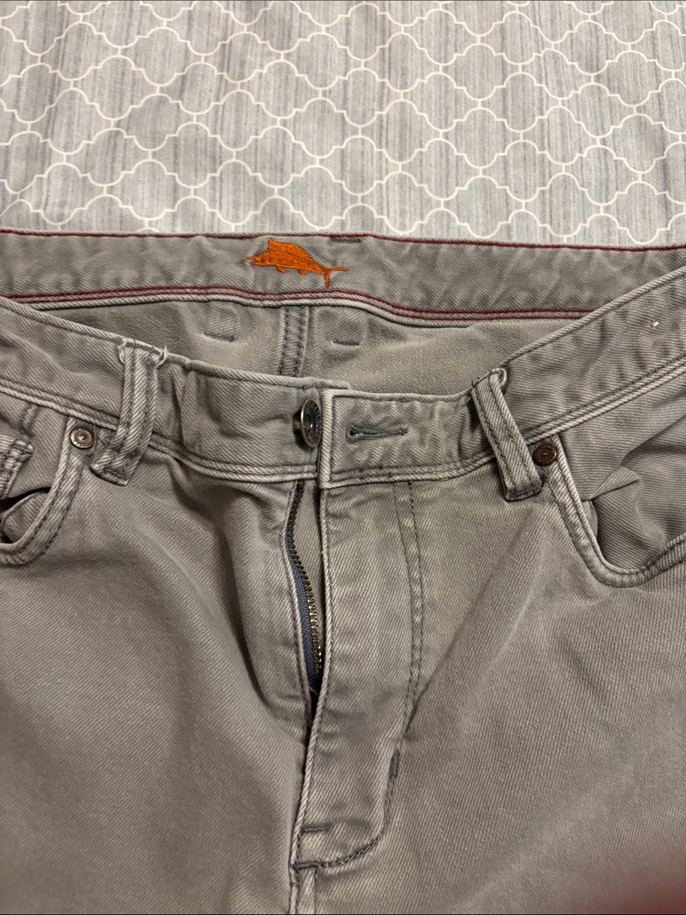 Tommy Bahama Gray Jeans with Orange Dolphin Accent